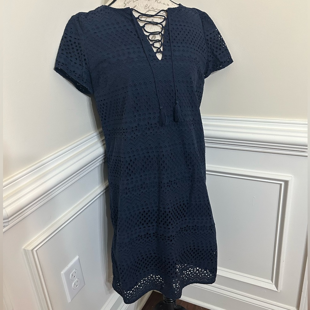 Brooks Brothers navy blue eyelet floral lace-up shift dress.